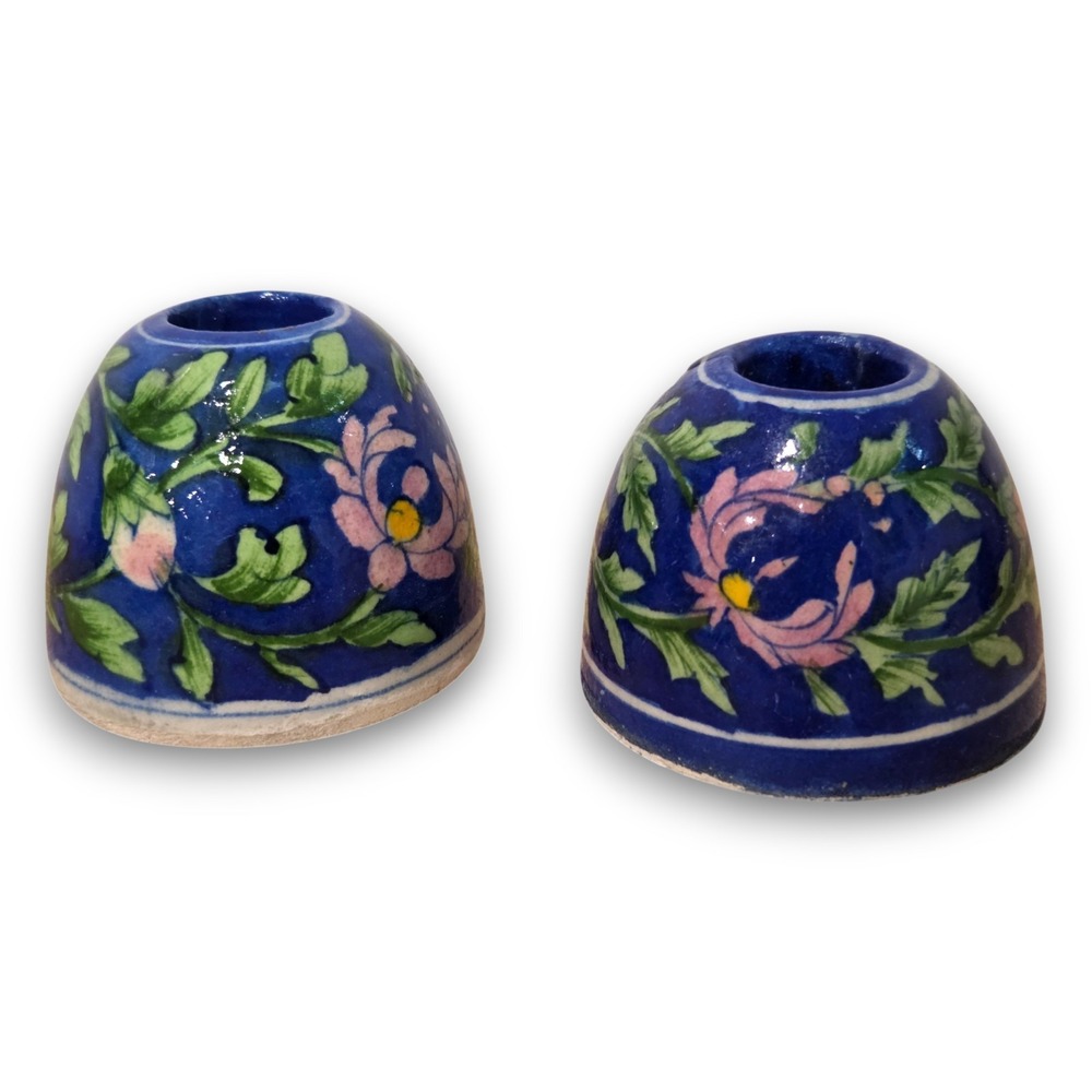 Set 2 Vintage Jaipur India Pottery Candle Holder Blue Floral Hand Painted